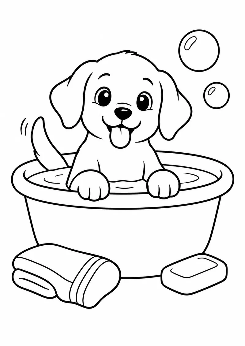 Cachorrinho tomando banho na bacia para colorir