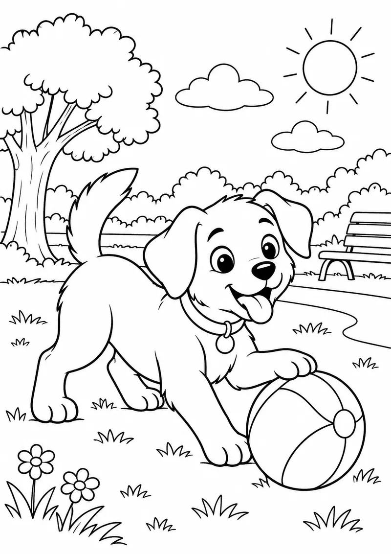 Cachorro brincando com uma bola no parque para colorir