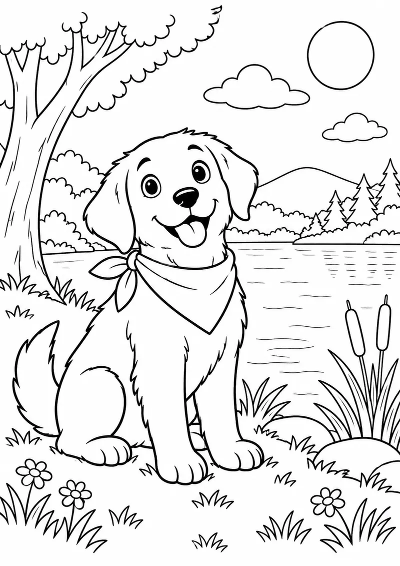 Cachorro com bandana junto ao lago para colorir
