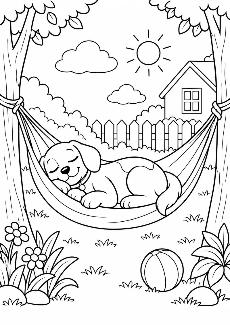 Cachorro descansando numa rede baixa para colorir
