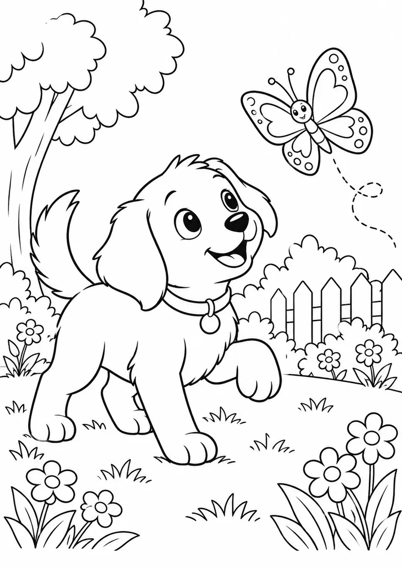 Cachorro encontrando uma borboleta para colorir