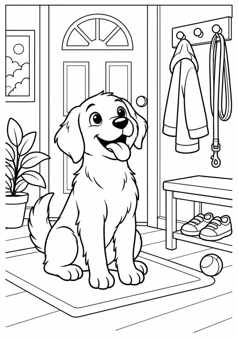 Cachorro esperando um passeio junto à coleira para colorir