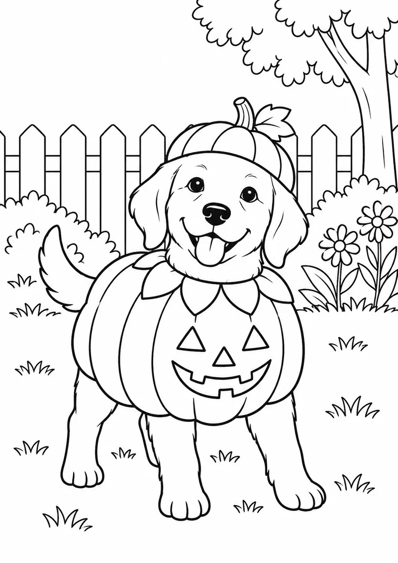 Cachorro fantasiado de abóbora no jardim para colorir