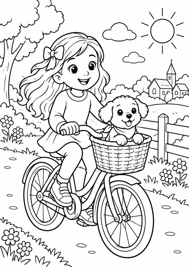 Cachorro pequeno numa cesta de bicicleta para colorir