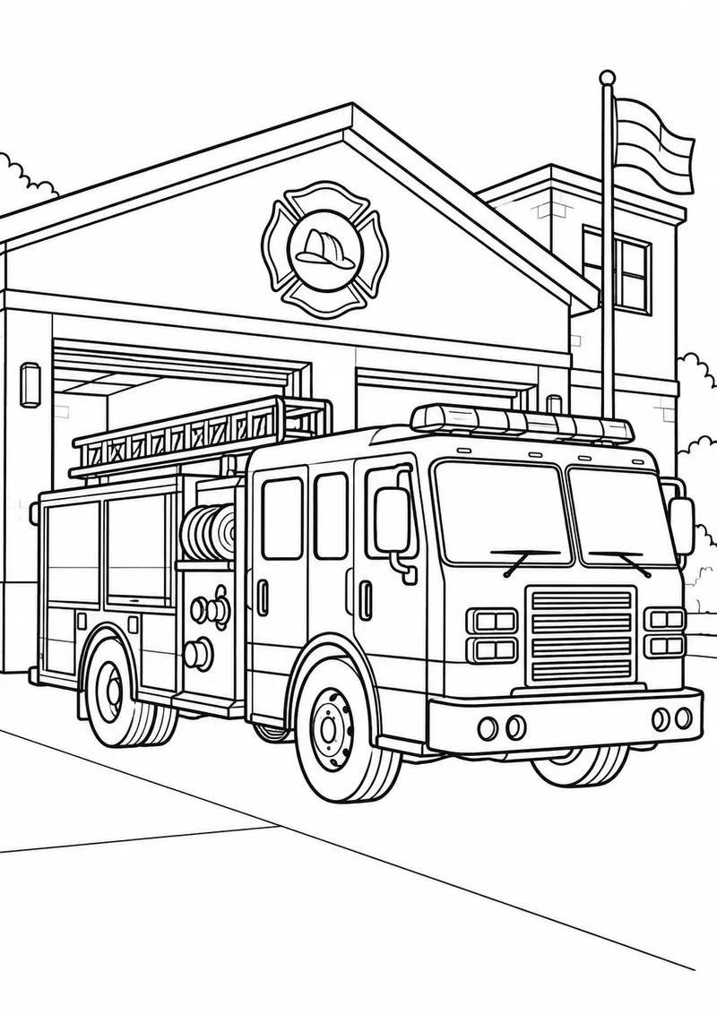 Caminhão de bombeiros junto ao quartel para colorir