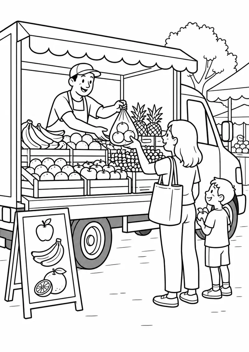 Caminhão de frutas na feira para colorir