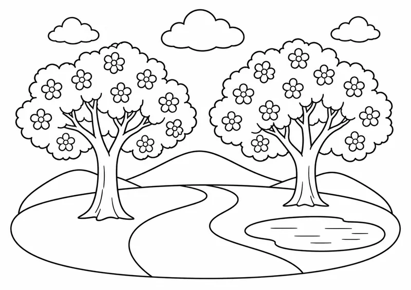 Caminho entre dois ipês floridos para colorir