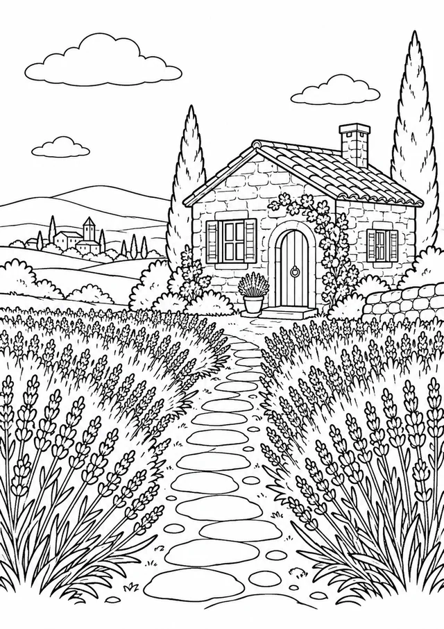 Caminho entre lavandas e uma casa de pedra para colorir