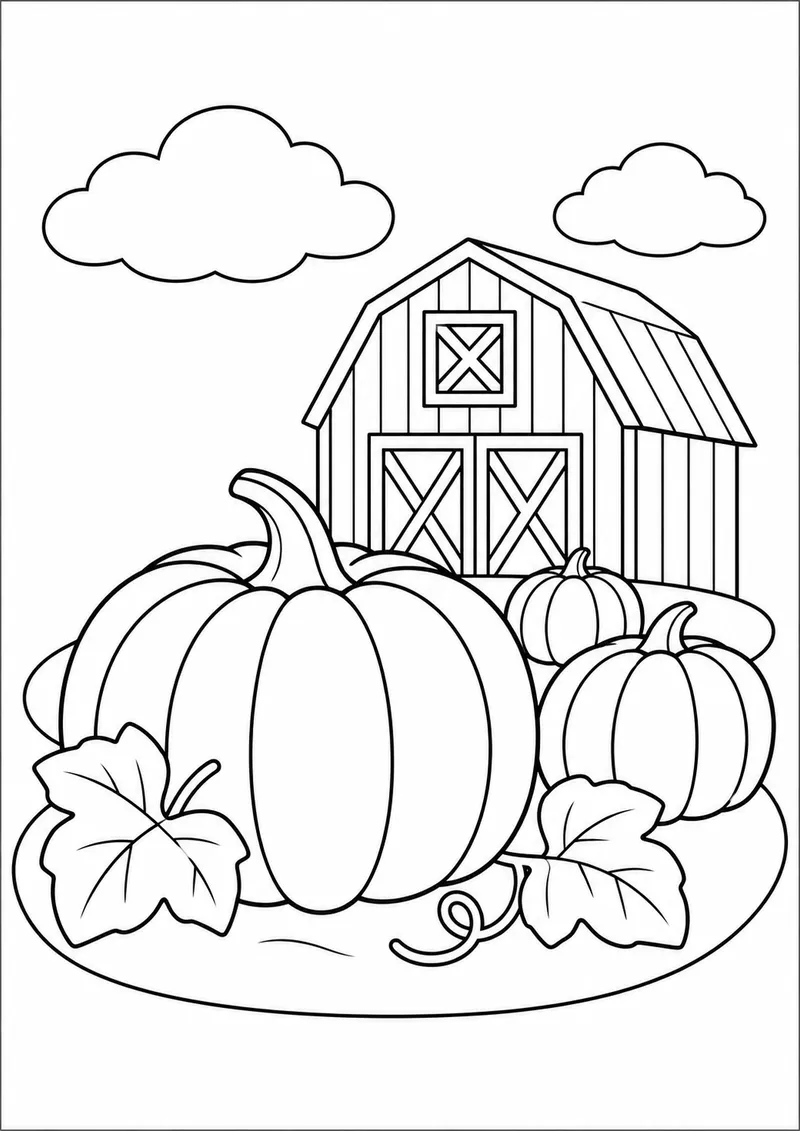 Campo de abóboras junto a um celeiro para colorir
