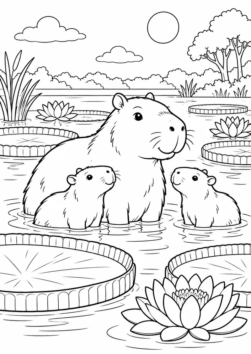 Capivara com filhotes entre vitórias-régias para colorir