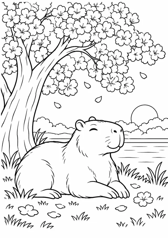 Capivara descansando sob um ipê para colorir