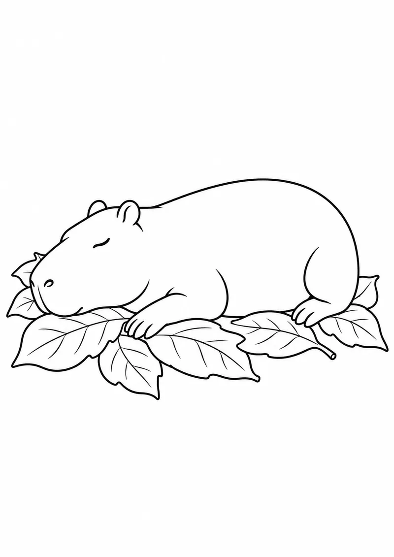 Capivara dormindo sobre folhas secas para colorir