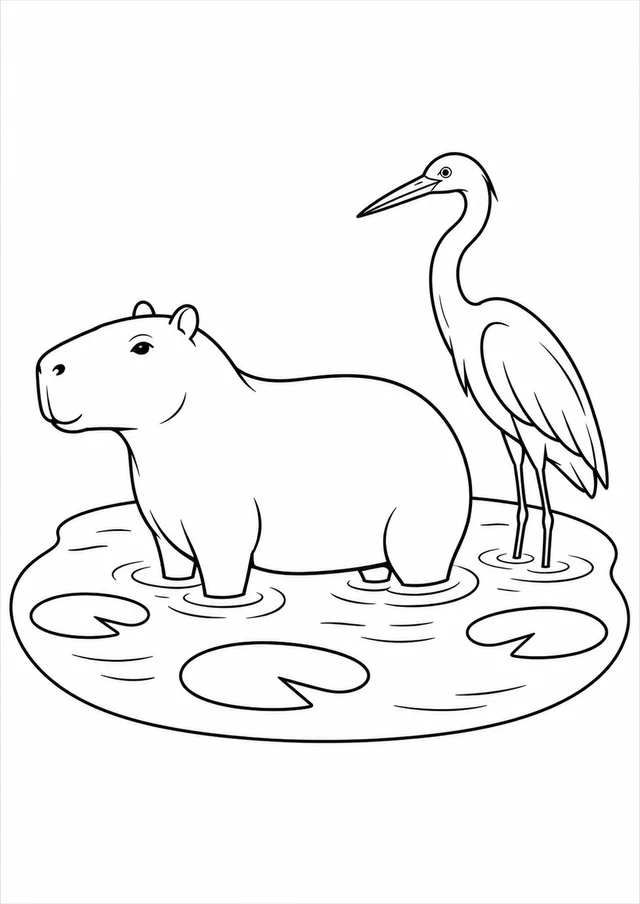 Capivara e garça no brejo para colorir