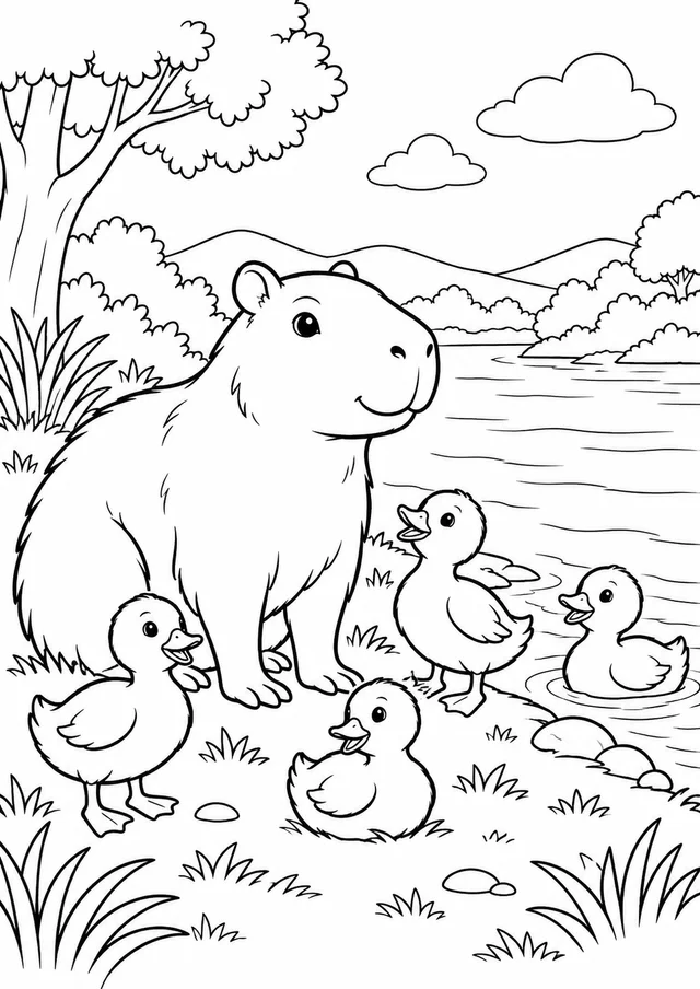 Capivara e patinhos na margem do rio para colorir