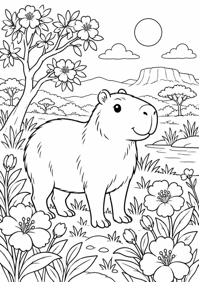 Capivara entre flores do cerrado para colorir