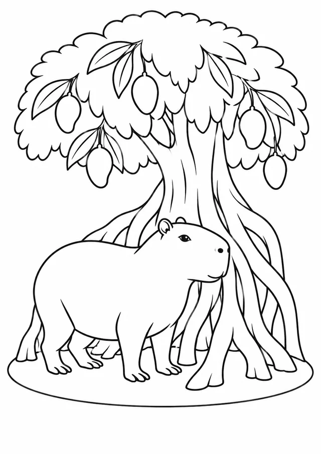Capivara entre raízes de mangueira para colorir