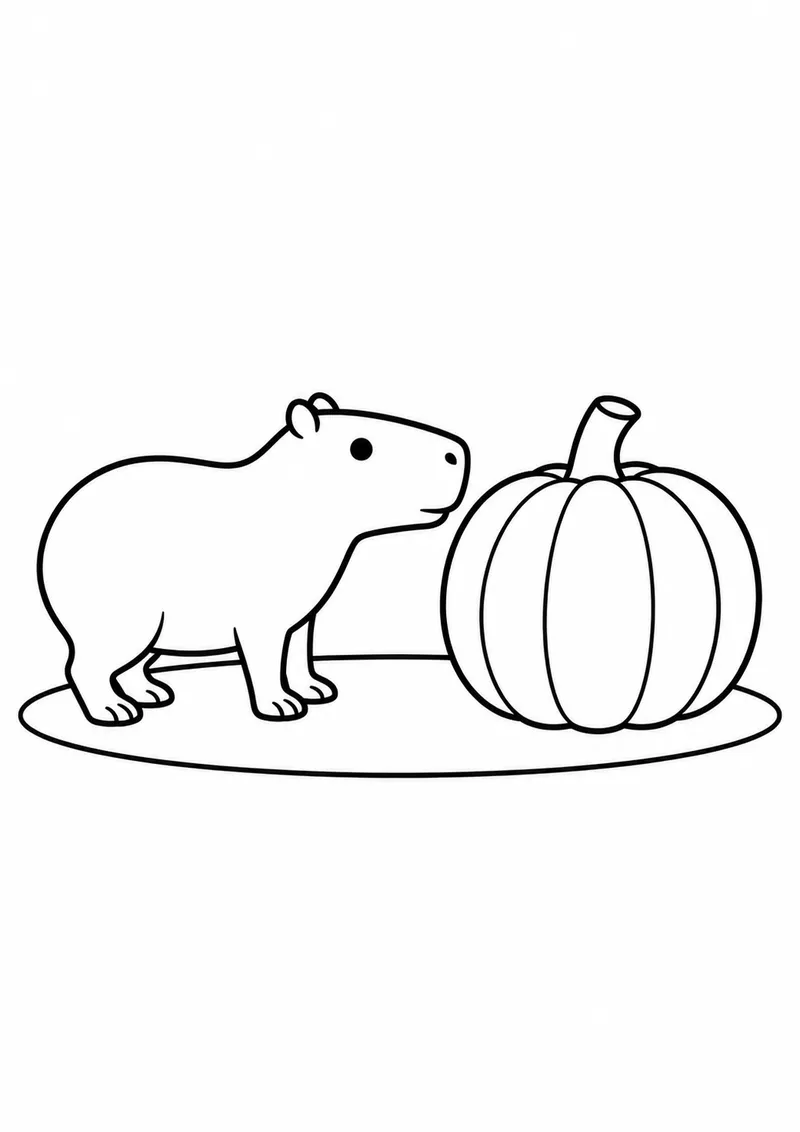 Capivara filhote descobrindo uma abóbora para colorir