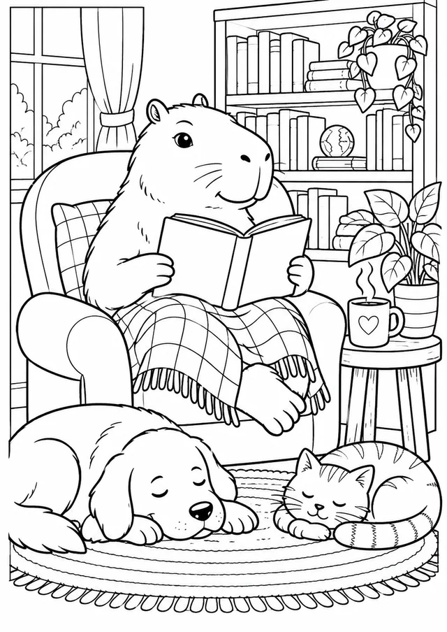 Capivara na biblioteca para colorir