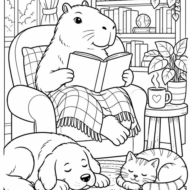 Capivara na biblioteca para colorir