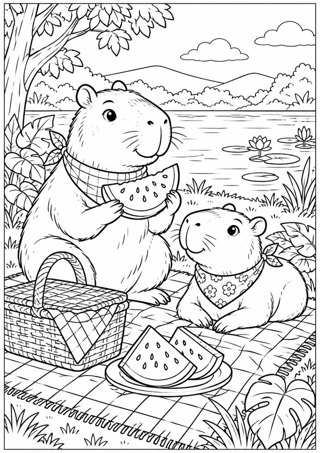 Capivara no piquenique para colorir