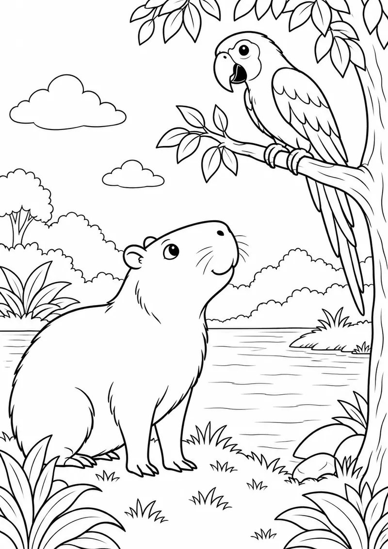 Capivara observando uma arara para colorir