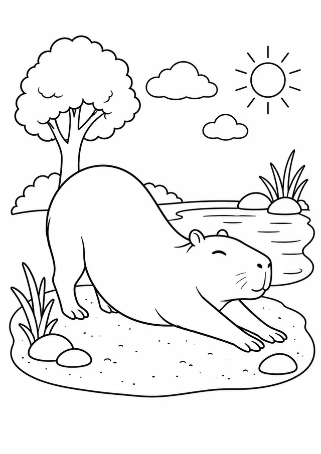 Capivara se espreguiçando na areia para colorir