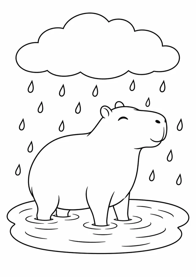 Capivara se refrescando na chuva para colorir