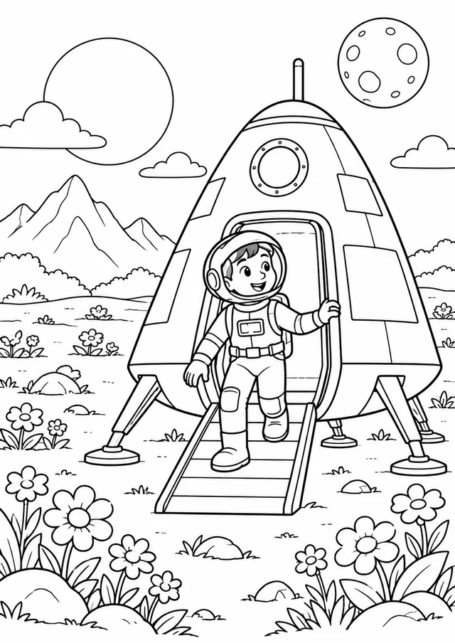 Cápsula espacial pousando num planeta florido para colorir