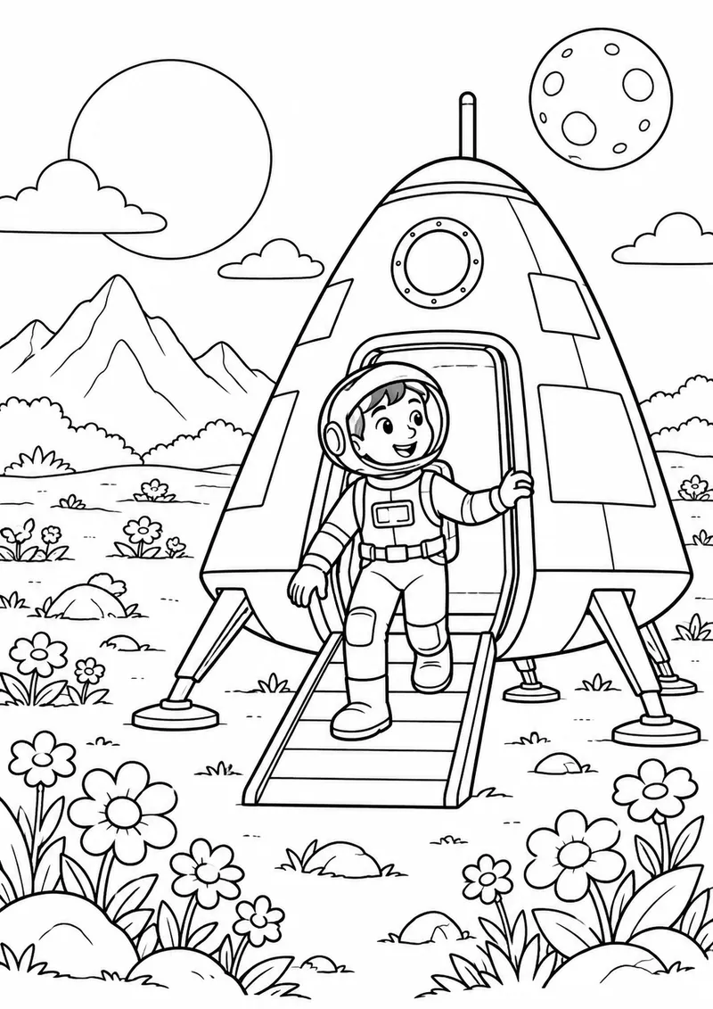 Cápsula espacial pousando num planeta florido para colorir