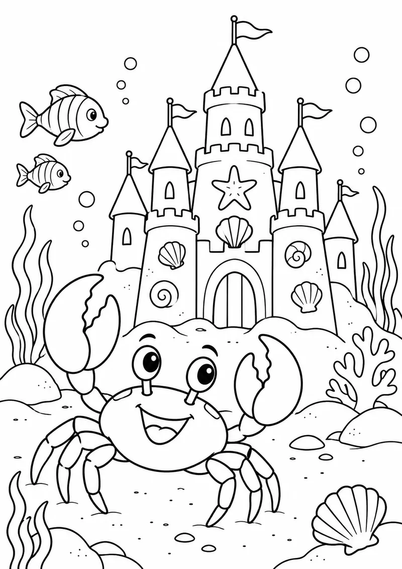 Caranguejo diante de um castelo de areia submarino para colorir
