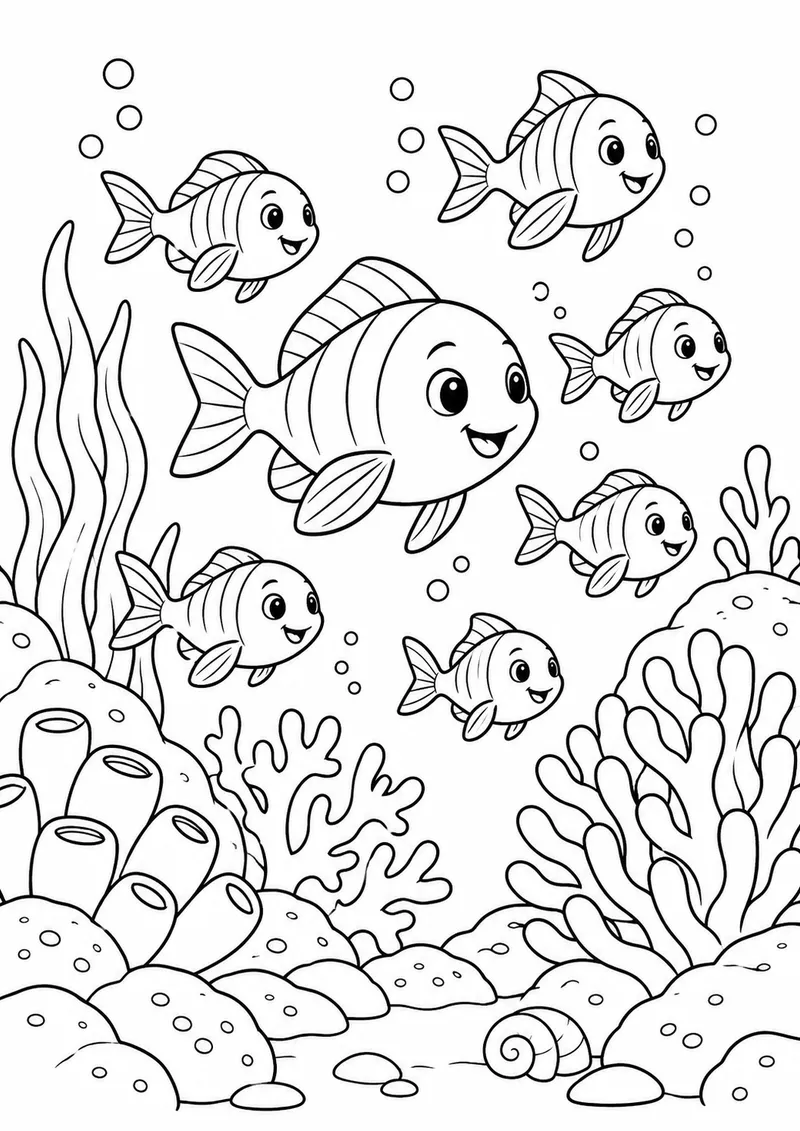 Cardume de peixes entre corais arredondados para colorir