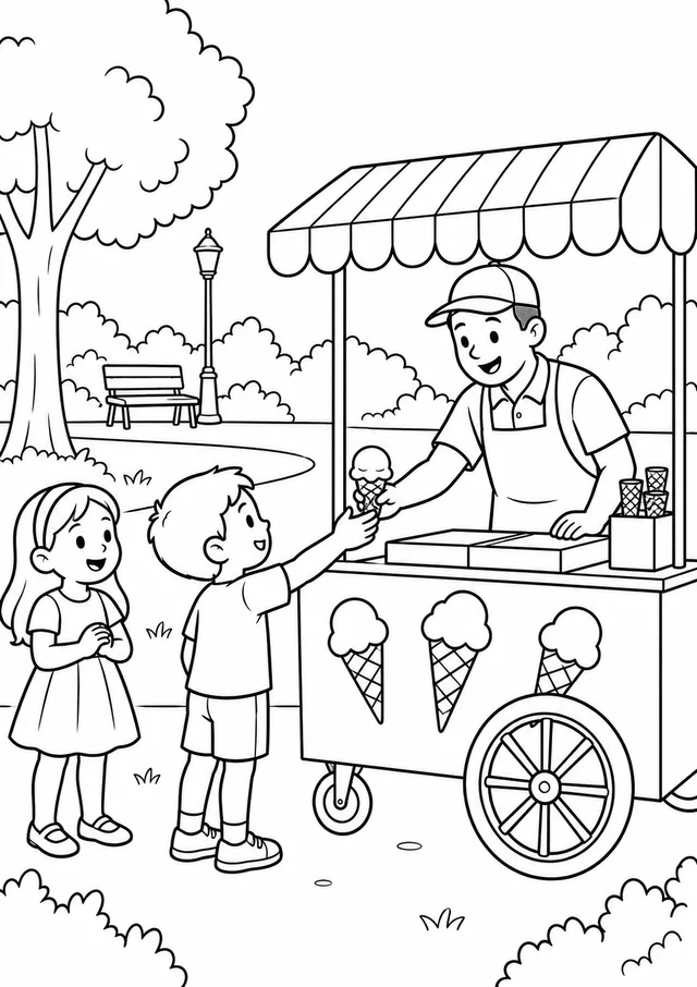 Carrinho de sorvete no parque para colorir