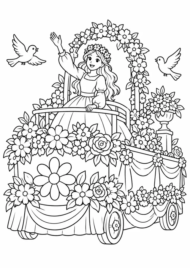 Carro alegórico original com flores e pássaros para colorir