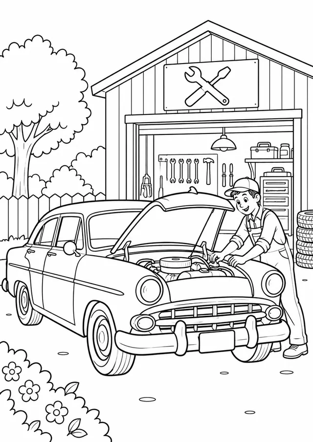 Carro antigo diante de uma oficina para colorir