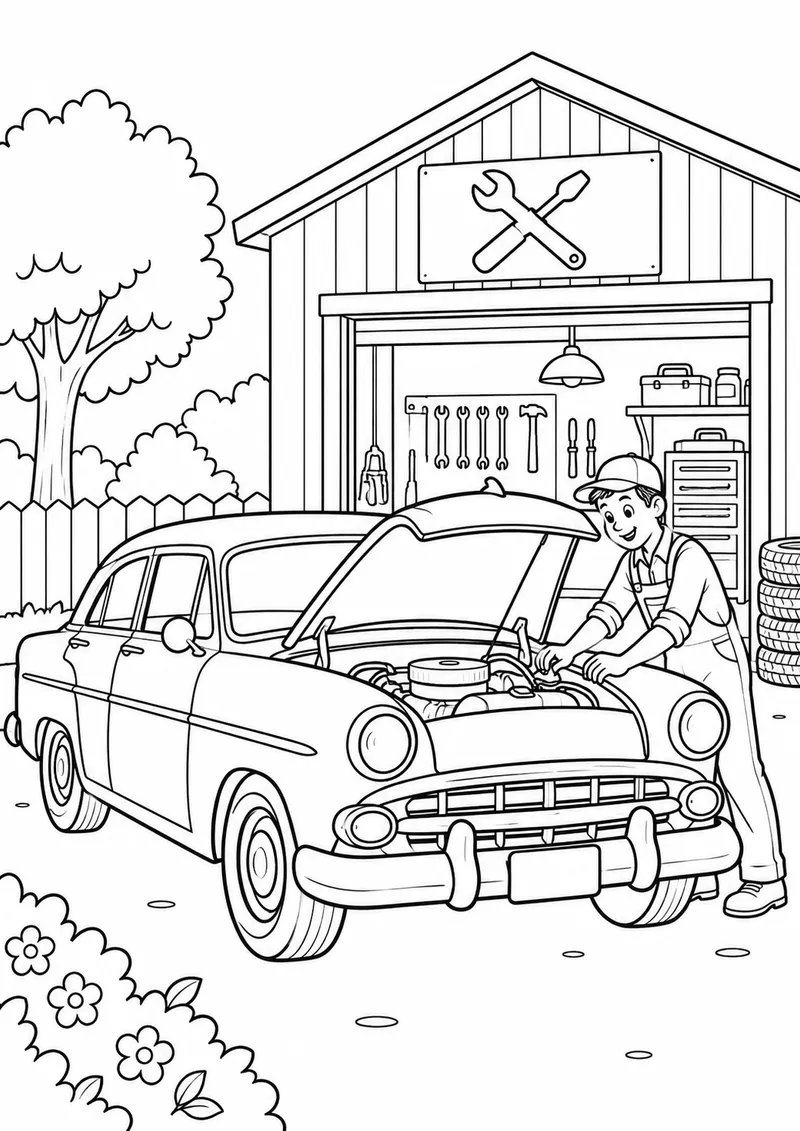 Carro antigo diante de uma oficina para colorir