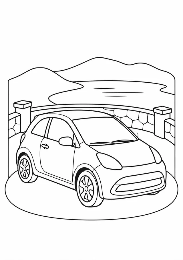 Carro compacto diante de um mirante para colorir