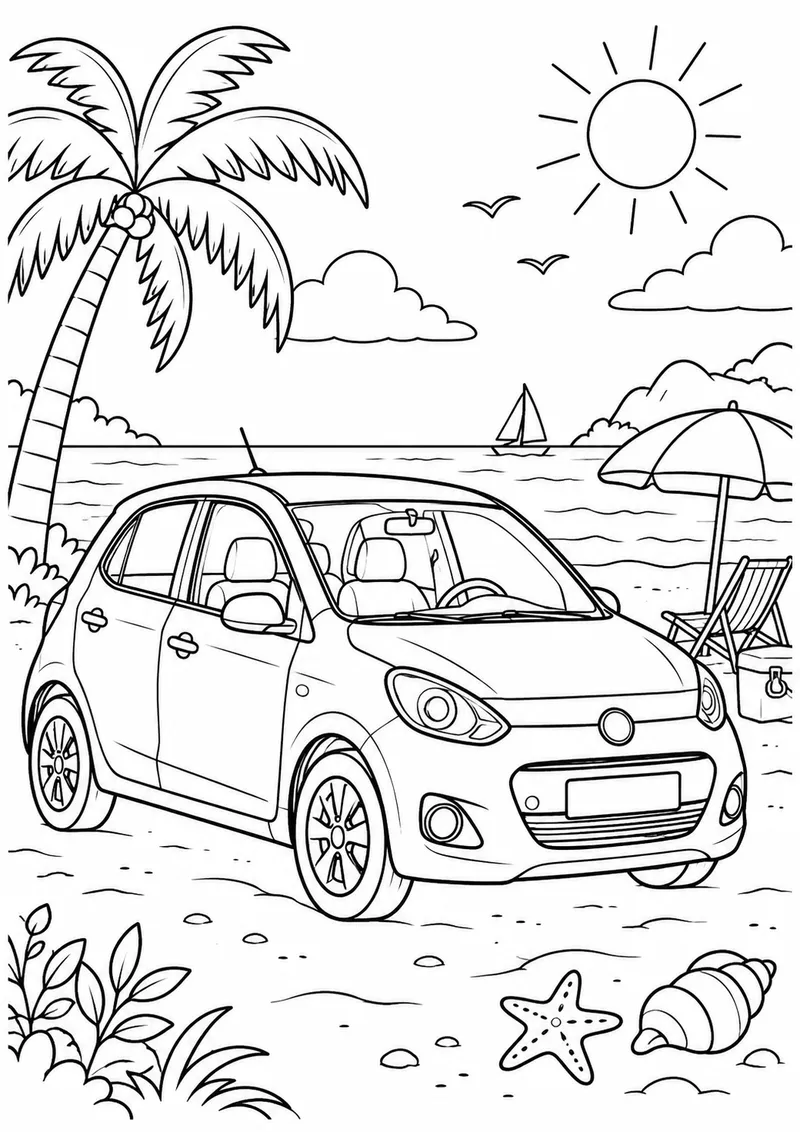 Carro compacto estacionado na praia para colorir