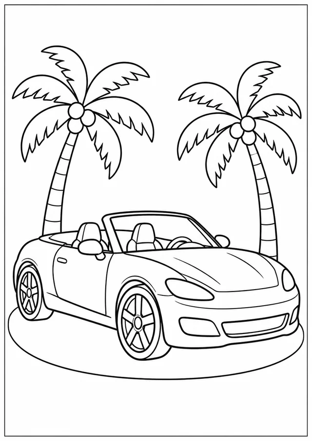 Carro conversível entre coqueiros para colorir