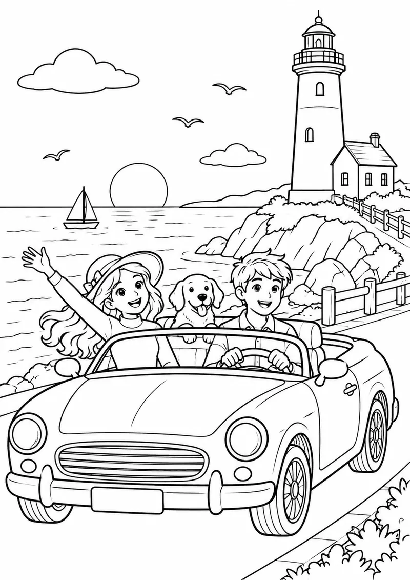 Carro conversível junto a um farol para colorir