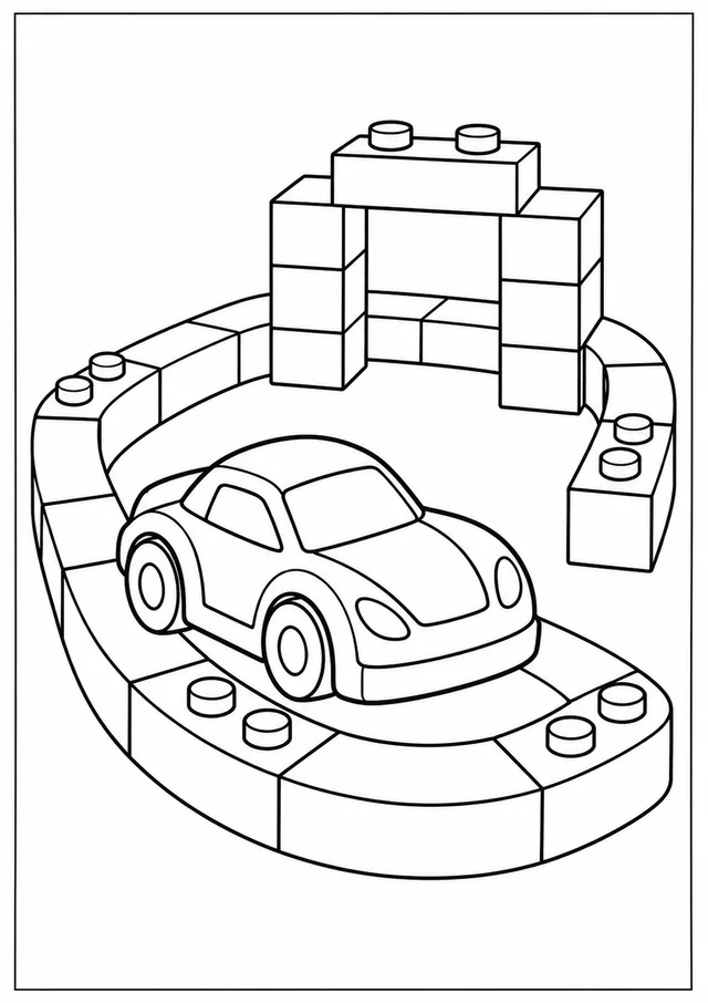 Carro de brinquedo numa pista de blocos para colorir