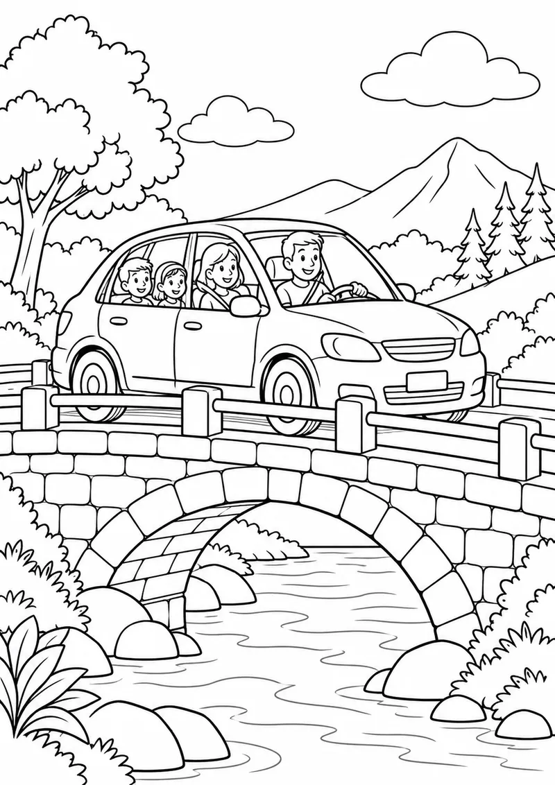 Carro de passeio atravessando uma ponte para colorir