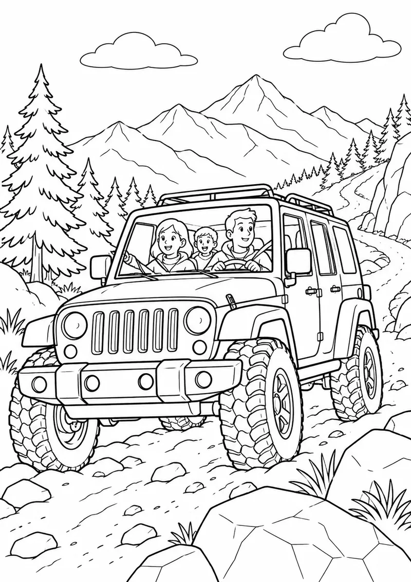 Carro de trilha numa estrada de montanha para colorir