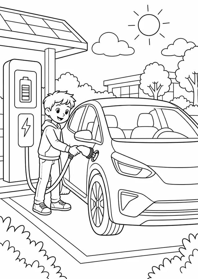 Carro elétrico numa estação de recarga para colorir