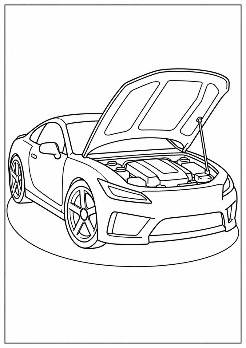 Carro esportivo com capô aberto para colorir