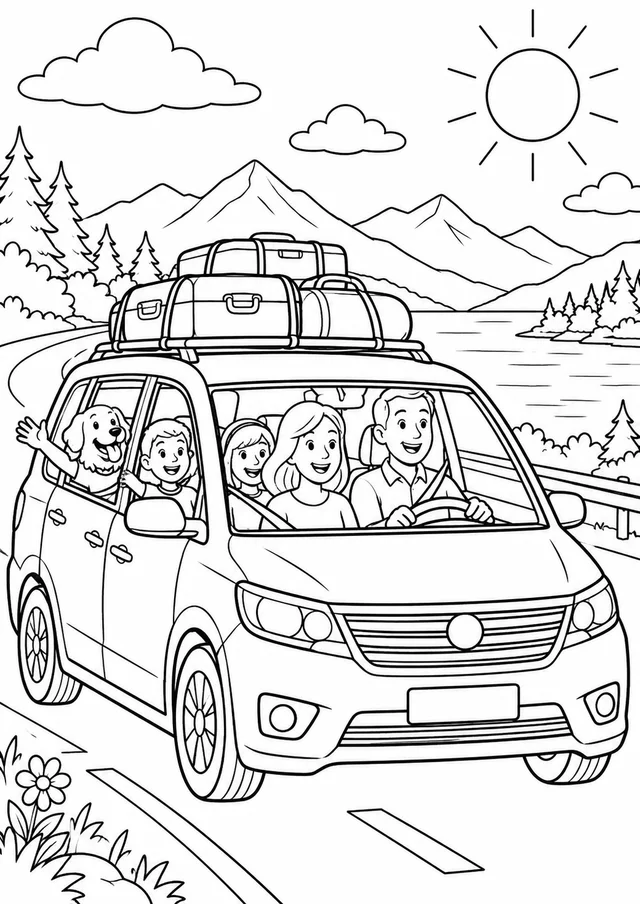 Carro familiar com malas no teto para colorir