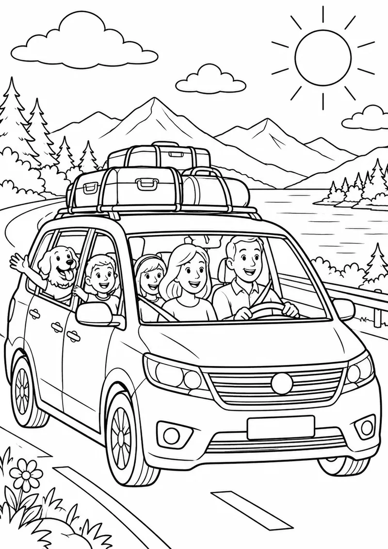 Carro familiar com malas no teto para colorir