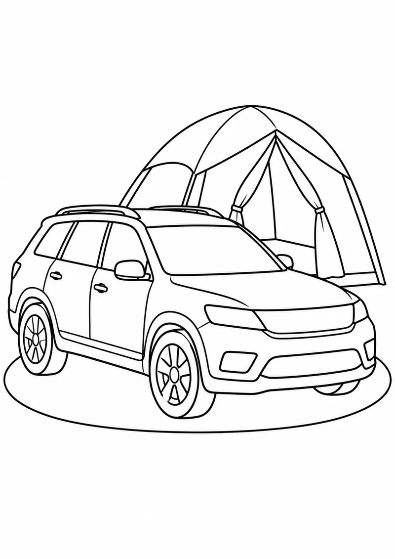 Carro familiar diante de uma barraca para colorir