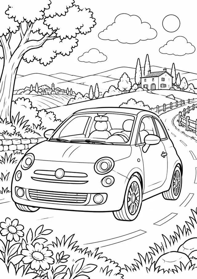 Carro na estrada do campo para colorir