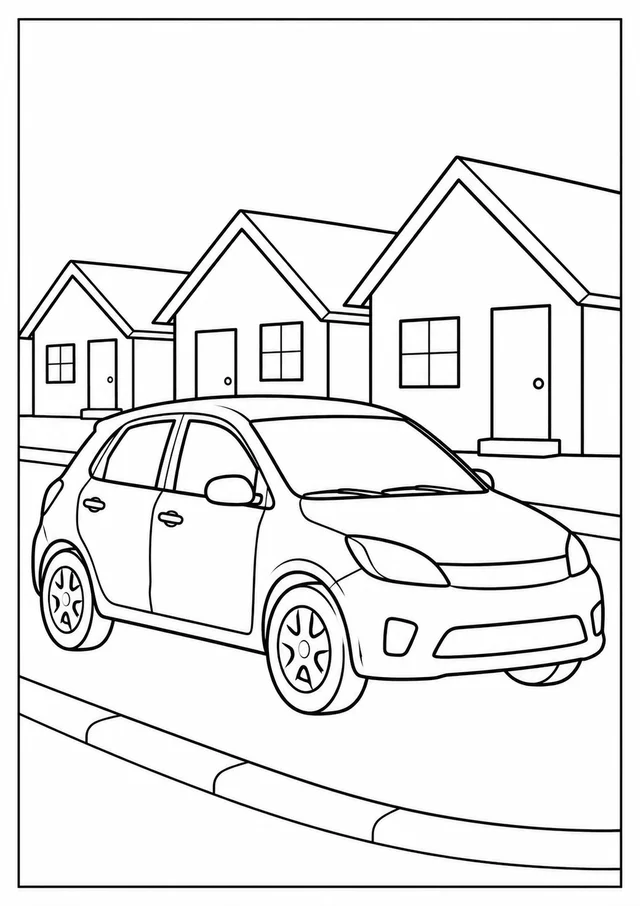 Carro popular numa rua de casinhas para colorir