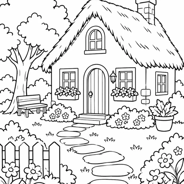 Casa com telhado de palha num jardim para colorir